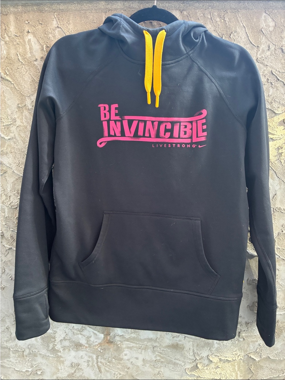 'Athletic Nike Be Invincible' Black Hoodie with Yellow Drawcords Thumb Hole Sz M